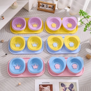 Youcheng Pet Bowl Double <b>Feeder</b> Plastic Anti-Tip <b>Cat</b> Dog Food Dish With Tray Pink Blue Yellow - Product Image 1