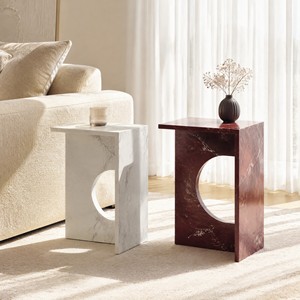 Moderner Marmormuster <span class=keywords><strong>C</strong></span>-förmiger Beistelltisch mit Bogenausschnitt Sofa-Seitentisch Burgunderrot Carrara-Weiß Freischwebender Ständer - Product Image 6