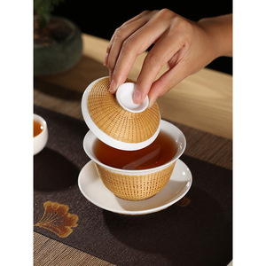 Dehua White Porcelain Gaiwan Three Piece <b>Set</b> With Bamboo Weaving Lid For Kung Fu <b>Tea</b> - Product Image 4