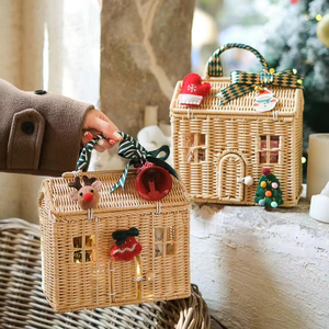 Panier cadeau de Noël en rotin avec couvercle et poignée pour le camping, la plage, les bonbons, l'emballage de fruits, les paniers de festival - Product Image 2