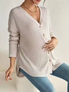 Nueva mujer <span class=keywords><strong>embarazada</strong></span> primavera otoño suéter botón cárdigan chaqueta manga larga cuello en V Casual Tops ropa de maternidad abrigo - Product Image 2