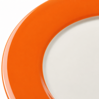 Ensemble de 2 assiettes plates en mélamine, centre blanc, bord large orange vif, tailles 23 cm et 26,5 cm, qualité alimentaire, vente en gros, OEM
