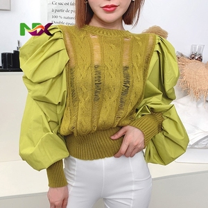 Blus Sweater Rajut Kasual Vintage Wanita dengan Kerah Bulat dan Lengan Raglan - Product Image 2