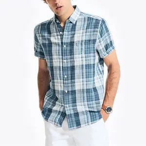 Chemise à carreaux en lin à manches courtes pour homme, coupe classique, col boutonné, OEM