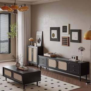 Mueble de TV y mesa de centro de ratán estilo retro francés para sala de estar, estilo Wabi Sabi, negro, con almacenamiento. - Product Image 4