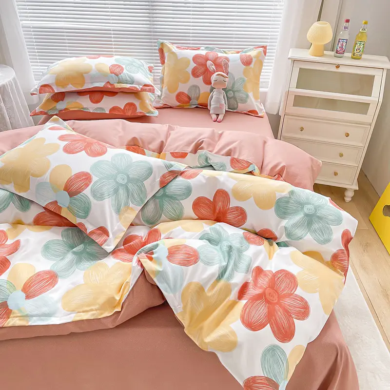 Four-Piece Bed Sheets Plant Printed Floral Duvet Cover Set Quilt Cotton Bed Sheets Set