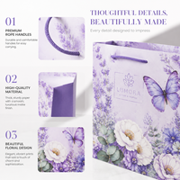 Sac en papier kraft personnalisé de luxe, motif floral papillon violet, recyclable, écologique, avec estampage à chaud doré et logo personnalisé