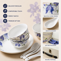Service de table en porcelaine florale de luxe avec boîte cadeau, bols, cuillères, assiettes, vaisselle en céramique pour la maison, cadeau de mariage, vente en gros