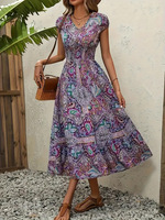 Robe longue décontractée pour femme, col en V, manches courtes, imprimé floral géométrique, taille haute, coupe trapèze fluide