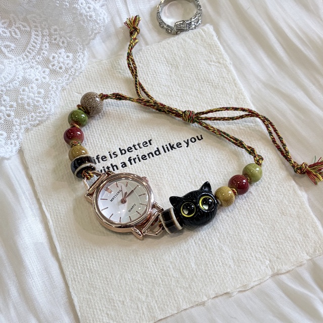 Cat Ceramic Braided Rope Bracelet Watch Personalised Fashion Beaded Jewelry Tassel Colourful Braided Rope Bracelet Women Watch