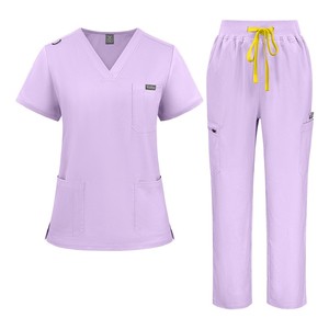 Tenues d'infirmières pour femmes, col en V, manches courtes, pantalon droit, plusieurs poches, uniforme extensible pour infirmières, cliniques, hôpitaux - Product Image 1
