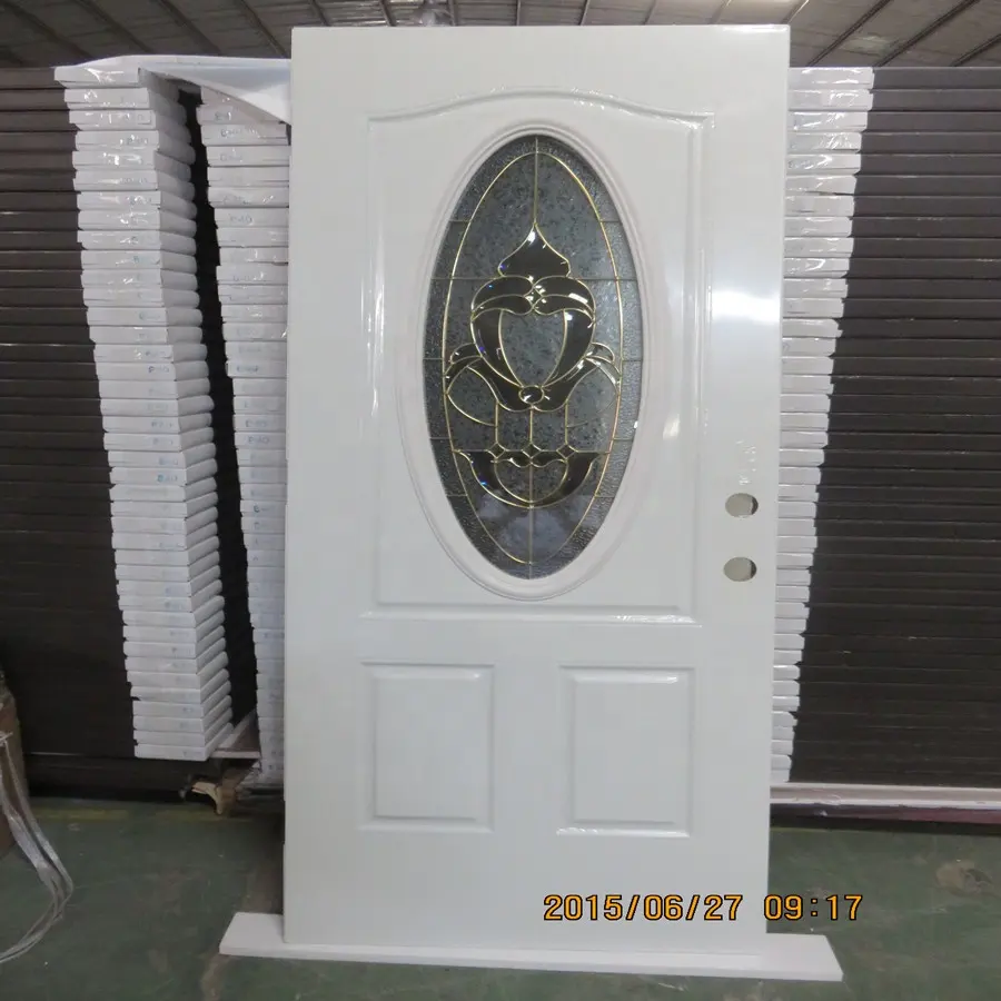 Puerta de panel de acero con vidrio ovalado pequeño, puerta de metal de panel de entrada con inserto de vidrio ovalado