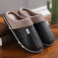 Chaussons d'hiver pour hommes en cuir PU imperméable, design épuré, doublure en fourrure chaude, grandes tailles, pour la maison et la chambre