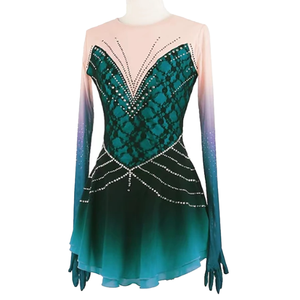 Robe de patinage artistique personnalisée tenues de robe de patinage sur glace pour femmes et filles vêtements de <span class=keywords><strong>danse</strong></span> d'entraînement dégradé vert faits à la main cristal <span class=keywords><strong>classique</strong></span> - Product Image 1