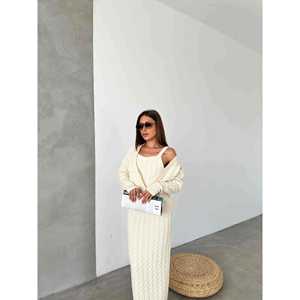 Three Piece Knitwear Set Women's <b>Sweater</b> Cardigan And Skirt Bone Color S Size <b>Cable</b> <b>Knit</b> Cozy Outfit - Product Image 3