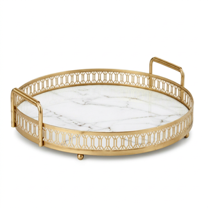 Plateau de service rond en marbre blanc avec poignée en métal doré pour la maison, l'hôtel et le restaurant, plateau de service alimentaire en gros - Product Image 1
