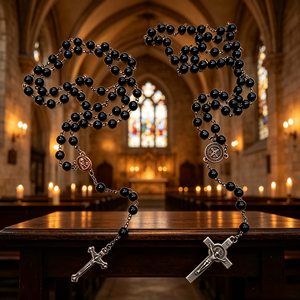 Collier religieux catholique en bois avec perles et croix plaquée argent, en alliage ABS/Zinc, mini perles phosphorescentes, vente en gros, pièce maîtresse - Product Image 5