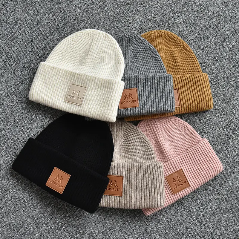 Unisex Wholesale Custom Logo Ribbed Wool Knit Beanies Winter Luxury Warm Cuffed Beanie Hat For Women Men