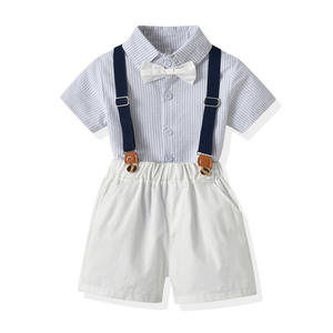 2025 verano Pastoral Casual manga corta conjunto de ropa para niños <span class=keywords><strong>camisa</strong></span> a rayas <span class=keywords><strong>tirantes</strong></span> pantalones cortos vestido de graduación Dropshipping - Product Image 5