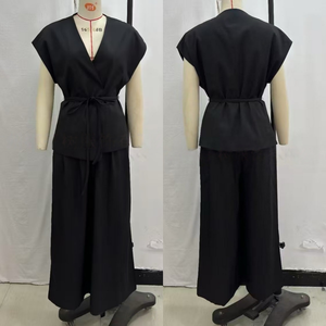 Mới Nhất Thiết Kế Thời Trang Elegantspring Ngắn Tay Áo V Cổ Ren-up Top Và Chân Rộng Quần Hai Mảnh Thiết Lập Cho Phụ Nữ Sexy Đường Phố Mặc - Product Image 6