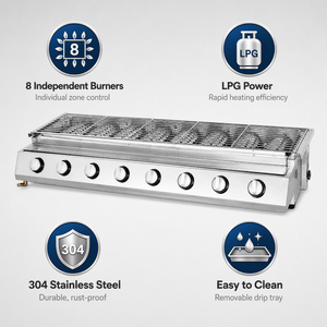 Parrilla de Gas Comercial de Ocho Quemadores para Barbacoa, Ideal para Brochetas, Filetes, Pollo, Salchichas, Restaurantes y Servicios de Catering - Product Image 3