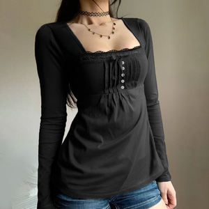 Dark Gothic <b>Black</b> Square Neck Lace Patchwork Ruched <b>Long</b> <b>Sleeve</b> <b>Top</b> <b>Women</b> Slim Fit High Waist Sexy T Shirt - Product Image 5