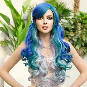 Lange Golvende Kostuum Pruiken Cosplay Kleine Zeemeermin Pruik Voor Vrouwen Halloween Feest Gebruikt Drag Queen Ariel Ombre Blauw Paarse Pruik