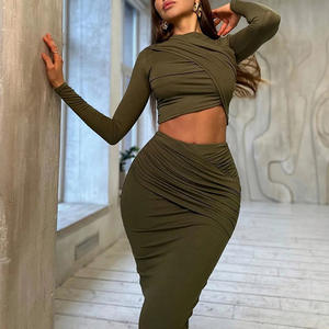 Primavera nuevo cuello redondo Irregular manga larga abierto ombligo superior Casual media falda conjunto de <span class=keywords><strong>mujer</strong></span> - Product Image 4