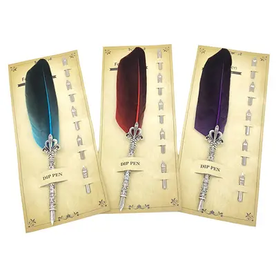 Card packed metal feather dip pen business gift quill pen