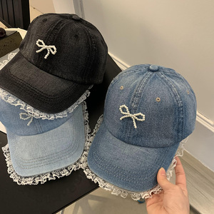 Lace Trimmed Denim Baseball <b>Cap</b> For <b>Women</b> Light Blue Pearl Bow Shade Hat Cotton Fabric Female Fashion <b>Cap</b> - Product Image 4