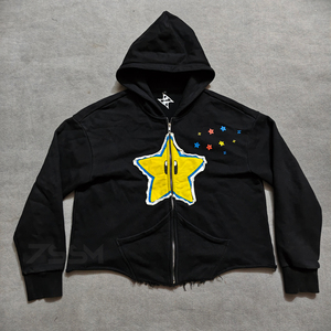 <strong>Custom</strong> Cotton French Terry Oversized Boxy Men's Zipper Hoodies Streetwear Irregular Raw Hem Print <strong>Patch</strong> Embroidery Zip up Hoodie - Product Image 1