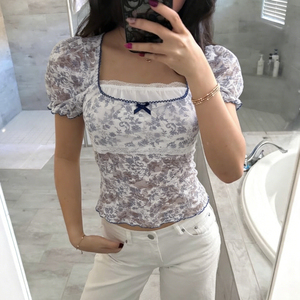 Women Floral Mesh Lace <b>Patchwork</b> Short Sleeve T Shirt Faux Two Piece Knit <b>Top</b> Slim Fit Casual Summer Fashion Tee - Product Image 3