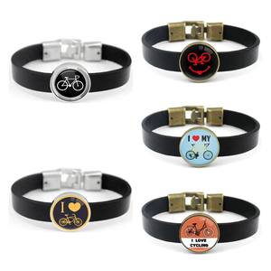 Fabricant de bracelets de cyclisme en cuir véritable Cabochon dôme en verre breloque vélo unisexe bracelet en cuir véritable - Product Image 2