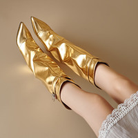 Bottines à talons hauts tendance pour filles, en cuir PU métallisé, talon compensé, bottes mi-mollet à bout pointu, chaussures tendance pour femmes