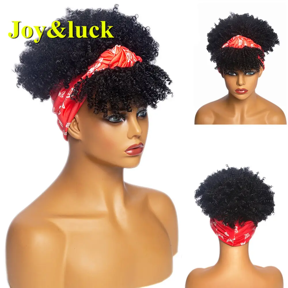 Di alta Qualità Africano Parrucche Delle Donne di Colore Nero Hairband Frangia Parrucca Con La Frangetta Breve Afro Crespo Ricci Fascia Parrucche Sintetiche Dei Capelli