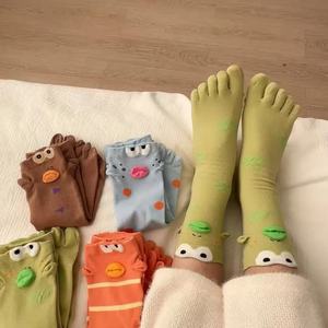 Five-Toe Mid-Calf <b>Socks</b> With Animal Patterns Cotton Antibacterial For Women Casual Sports <b>Socks</b> <b>Orange</b> Brown Green Blue - Product Image 2