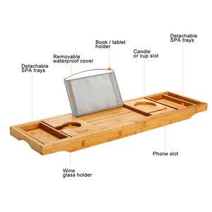 LK Luxe Écologique – Organisateur <span class=keywords><strong>de</strong></span> <span class=keywords><strong>baignoire</strong></span> <span class=keywords><strong>extensible</strong></span> en deux parties avec plateaux en bambou pour salle <span class=keywords><strong>de</strong></span> bain et lit – Modèle pour iPad/téléphone/tasse - Product Image 6