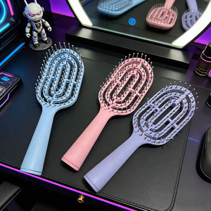 <b>Macaron</b>-colored openwork square massage comb, wet and dry dual-use cushion comb, fluffy styling comb, curved shape. - Product Image 1