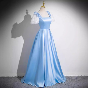 Blue Evening Gown Square Collar A-Line Satin Empire Waistline Formal Wear - Product Image 4