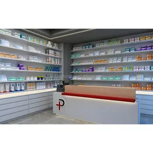 Harga Pabrik Toko Farmasi Mebel Toko Apotek RX Rak Pajangan Kabinet Dinding Meja Obat Desain Berdiri Sisi Ganda