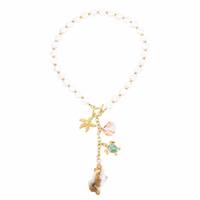 Collier à breloques Perle Océanique, Collier Lariat avec Perle Monnaie, Fermoir à bascule, Pendentif Tortue de mer et Coquille Saint-Jacques, Bijoux de plage pour Femme