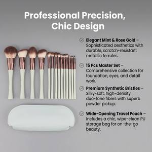 Ensemble professionnel de 15 pinceaux de maquillage <span class=keywords><strong>vert</strong></span> <span class=keywords><strong>menthe</strong></span>, pinceaux synthétiques vegan, ensemble de maquillage, pinceaux de maquillage à étiquette privée avec sac - Product Image 3