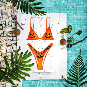 Ensemble de bikinis deux pièces triangulaires à taille haute pour femme, personnalisé par usine ODM, avec imprimé citrouille et chauve-souris, respirant, pour fêtes et festivals - Product Image 3