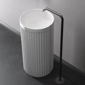 Vente en gros Lavabo rond blanc avec piédestal Pierre artificielle Piédestal classique Lavabo de salle de bain Surface solide Lavabo à la main