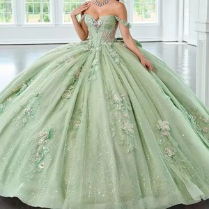 <span class=keywords><strong>Abiti</strong></span> da Quinceanera a Spalle Scoperte Colore <span class=keywords><strong>Verde</strong></span> <span class=keywords><strong>Menta</strong></span> con Fiori 3D Applicazioni in Pizzo e Perline e Fiocco da Ragazza per Ballo di Fine Anno e Feste da Sera - Product Image 2