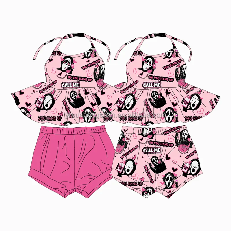 Özelleştirilmiş OEM çocuklar sevgililer günü karikatür desen baskı dantel Up elbise ShortsTwo parça fırfır kesilmiş bebek kız kıyafetleri