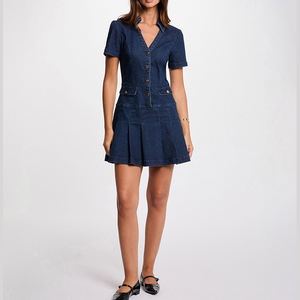 <span class=keywords><strong>Abito</strong></span> Mini a Linea A con Bottoni Frontali e Pieghe, Tasche Laterali, Vestito Casual da Donna in <span class=keywords><strong>Denim</strong></span> a Maniche Corte con Colletto a Risvolto - Product Image 3