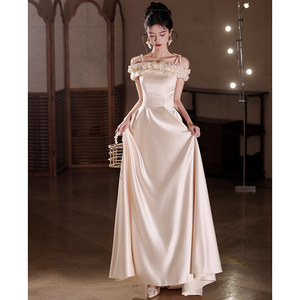 Off The Shoulder Satin Bridesmaid Dress Champagne A Line Natural Waist Strapless Formal Wedding Party Dress - Product Image 3
