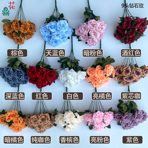 ดอกกุหลาบผ้าไหมประดับเพชร 9 หัว ขนาด 43 ซม. สำหรับตกแต่งงานแต่งงาน สีส้มเข้ม - Product Image 4