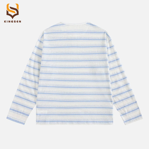 Custom Logo Blue Striped Long Sleeve <b>Henley</b> <b>Shirt</b> Drop Shoulder Embroidered Casual Oversized Mens Pullover T <b>Shirt</b> - Product Image 3